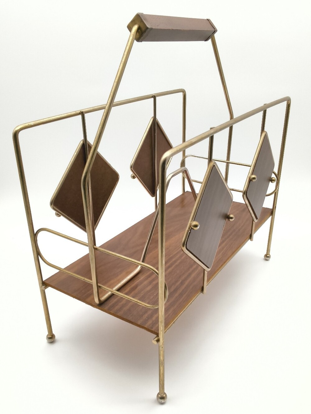 Vintage MCM Atomic Brass Magazine Rack Vinyl Record Holder Diamond Accents 1950s